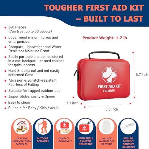 First Aid Kit - 368pcs Waterproof Compact Portable Hard Case - Ideal for Home, Car, Travel, Businesses, Hiking, Vehicle, B...