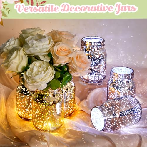 Layhit 6 Pcs Painted Mason Jars Colored Painted Mason Jars Centerpiece for Table with 6 Pcs 9.84 ft 30 LED Operated Fairy ...