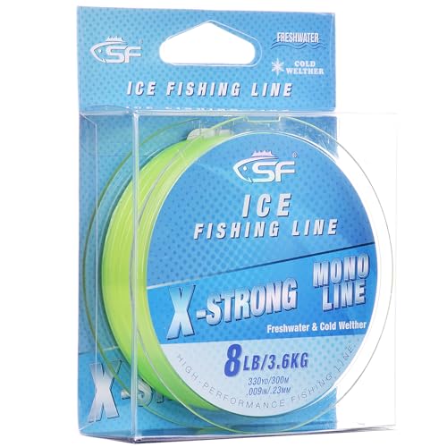 SF X-Strong Monofilament Ice Fishing Line with Spool Mono Line 3/4/6/8LB 330YD/300M Clear/Fluor Green Fishing Wire Freshwater