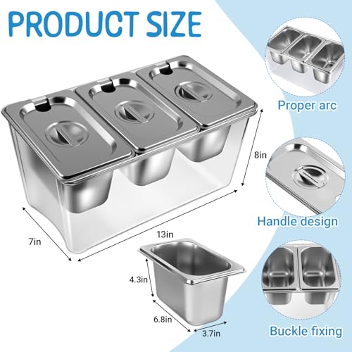 3 Compartments Ice Chilled Condiment Caddy, 30.5 oz Salad Bar Containers Stainless Steel Serving Dish with Lids for Bar, H...