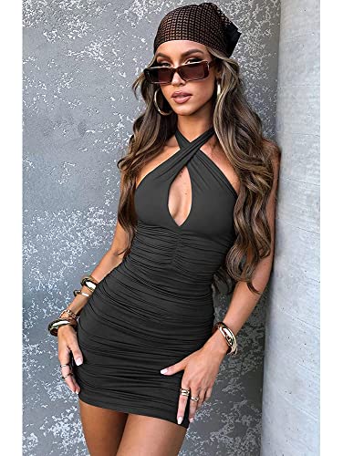 BEAGIMEG Women's Sexy Bodycon Sleeveless Criss Cross Ruched Halter Mini Dress Party Club Dress