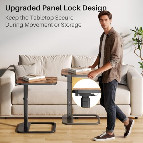 Brown TV Tray Table with 9-Level Adjustable Height, Lockable Flip-Top & Rounded Metal Corners, C Shaped Sofa Side End Tabl...