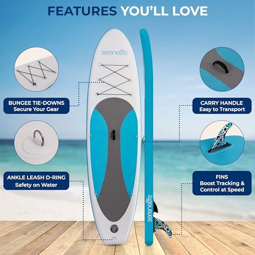 SereneLife Inflatable Stand Up Paddle Board with Premium SUP Accessories – Wide Stable Design with Non-Slip EVA Deck Pad f...