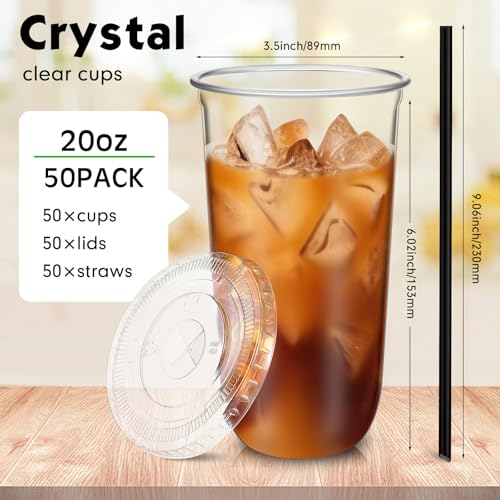 Ziliny 50 Set 20 oz Clear Plastic Cups with Lids and Straws, Disposable Iced Coffee PET Cups for Drinking Cold Beverage Ju...