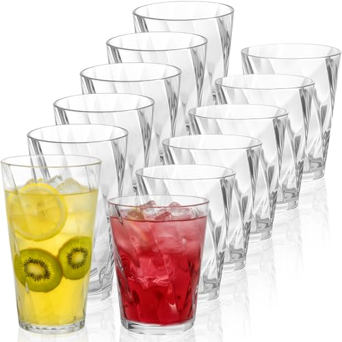 LemonRoad 12 Pack Plastic Drinking Glasses Set Reusable 13.5 oz Rocks & 20 oz Water Cups Set Stackable Plastic Tumblers Ki...