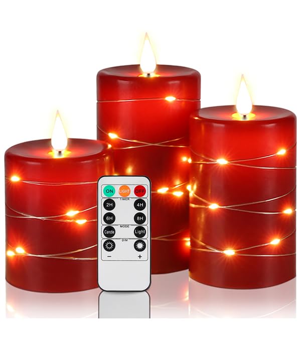 Upinmz Red Flameless Candle with Remote Control and Timer,Flickering Battery Operated Candles with String Lights,LED Pillar Candles,Set of 3