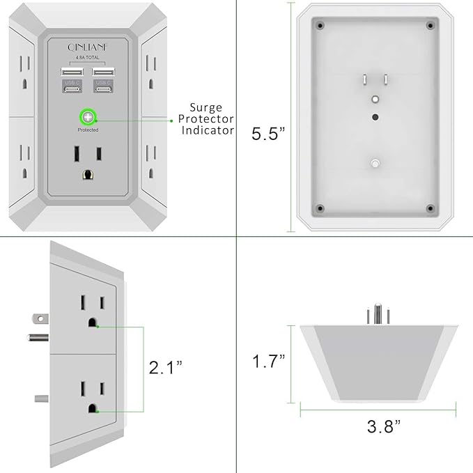 USB Wall Charger, Surge Protector, QINLIANF 5 Outlet Extender with 4 USB Charging Ports (4.8A Total) 3-Sided 1680J Power Strip Multi Plug Outlets Wall Adapter Spaced for Home Travel Office(2U2C),Grey
