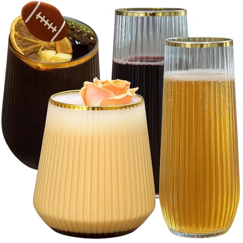 48 Pack Ribbed Origami Ripple Plastic Glasses, 24 9 Ounce Stemless Champagne Flutes & 24 12 Ounce Cups, BPA-Free Disposabl...