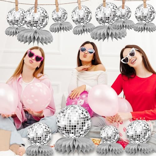 15 PCS Silver Disco Theme Honeycomb Centerpieces Disco Ball Party Decorations 70s Disco Party Table Centerpieces for Back ...