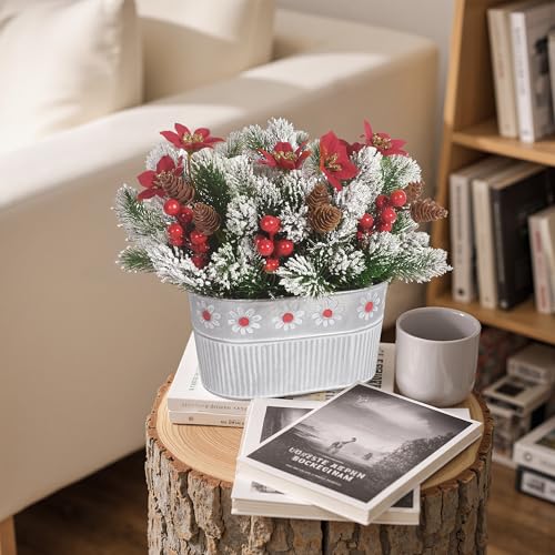 Christmas Centerpiece Table Decorations Artificial Norfolk Pine Branches with Poinsettia Flowers, Pine Cones & Berries in ...