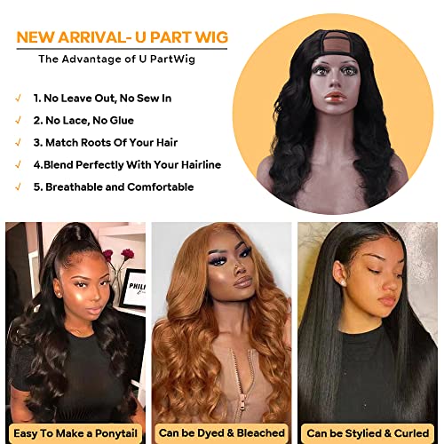 U Part Human Hair Wig Body Wave Drawstring Wig 180% Density U Part Wig Brazilian Virgin Human Hair wigs for Women Full Head Clip in Half Wigs Glueless No Leave Out Lace Front Wig Natural Color 16inch