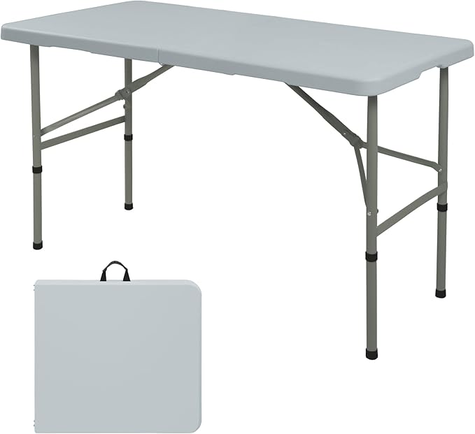 Folding Table 4FT Camping Table Portable Heavy Duty Plastic Rectangular Outdoor Dining Table Steel Legs Fold-in-Half with ...
