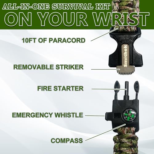 Smithok Paracord Survival Bracelet-Length Adjustable,Loud Whistle Emergency Compass Survival Fire Starter Scraper Accessor...