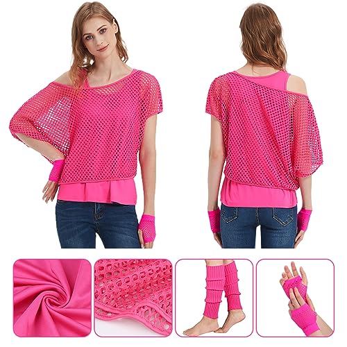WILDPARTY Women Casual Sexy 80s Costumes Fishnet Neon Off Shoulder T-Shirt