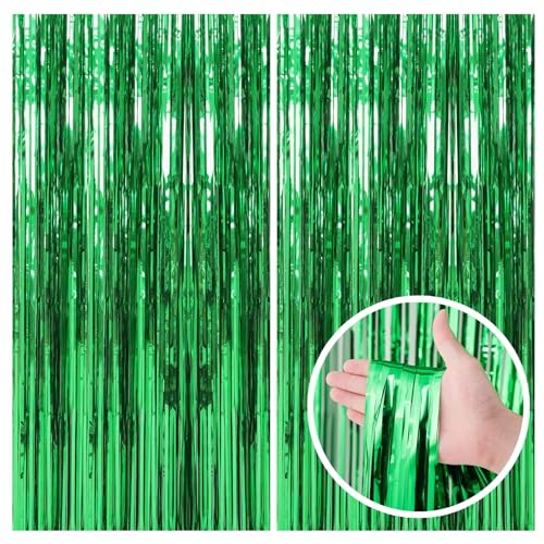 2 Pack Green Streamers Backdrop Jungle Party Decorations Foil Fringe Backdrop Curtains Photo Booth Backdrop for Birthday D...
