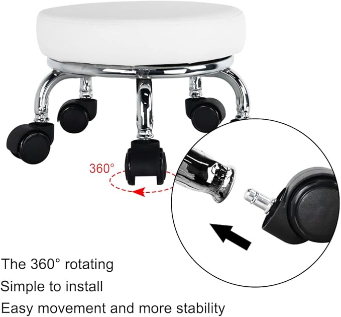 WKWKER Modern Roller Seat PU Leather Low Round Rolling Stool 360° Swivel Small Seat with Universal Wheels Foot Stool for Home Office Garage Shop Fitness Sport H：8.6" （White）