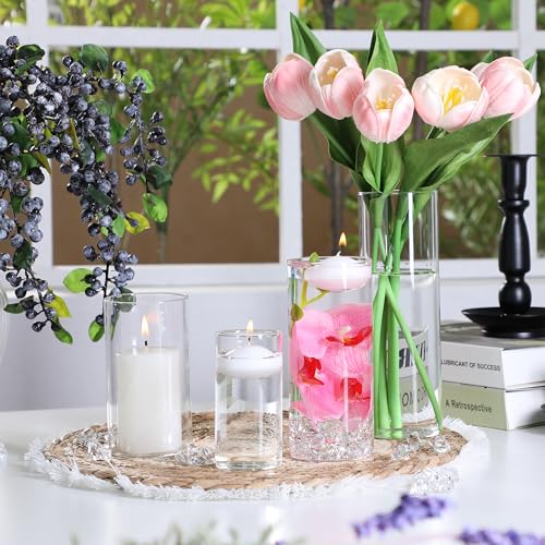 FFUW 20 PCS White Floating Candles and 16 PCS Glass Vases for Centerpieces with 400 Fake Ice Acrylic Rocks Vase Filler Flo...