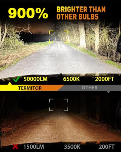 Termitor Latest 9005/HB3 Light Bulbs, 50,000LM 900% Ultra Brightness, 1:1 Halogen Size, 6500K Cool White, 10-Year Long Ser...