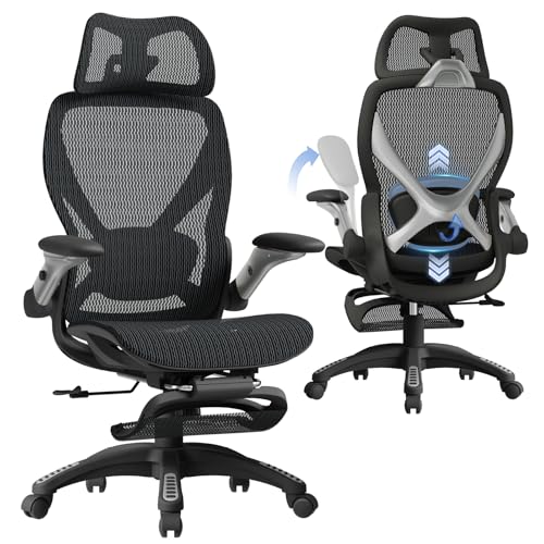 ELABEST X100 Ergonomic Mesh Office Chair with Footrest, Big and Tall Hone Desk Chair with 5D Flip-Up Arms, Adjustable 3D L...