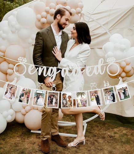 Pre-Strung Engaged Photo Banner - Silver Glitter Engagement Party Decoration Supplies with Romantic Memories Picture Card ...