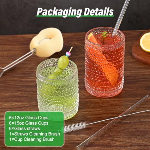 ZMOWIPDL Vintage Glassware Drinking Glasses Set of 12,Clear 12oz & 15oz Hobnail Glass Cups,Embossed Water Tumbler,for Bee...