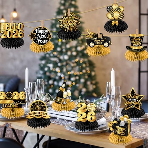 New Year Table Decorations 2026,12pcs Happy New Year Honeycomb Centerpiece Black and Gold New Years Eve Table Centerpiece,...