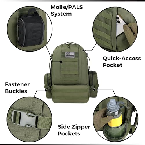 DBTAC Tactical Backpack 50L Large Classic Army 3-DAYS Assault Pack Molle Bag for Outdoor Hiking/Travel/Work (Green)