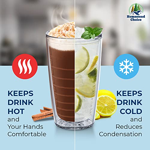 Homestead Choice 16oz Insulated Tumblers Plastic Keeps Drinks Cold & Hot, 4pack Double Walled Clear Insulated Drinking Gla...