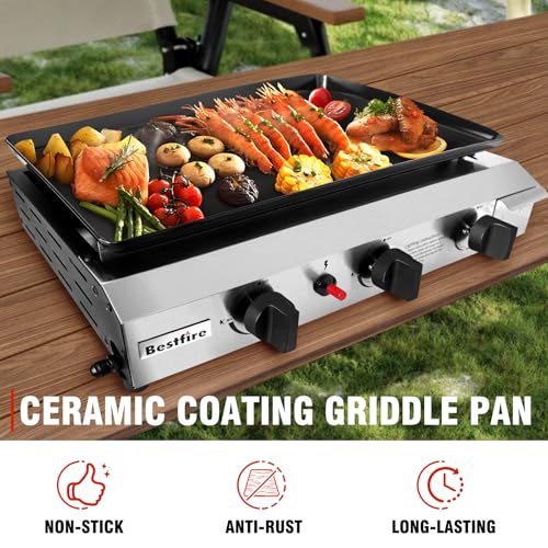 Bestfire 3 Burner Flat Top Gas Griddle - 23 Inch Outdoor Propane Griddle with 30000 BTU, Portable Propane-Fuelled Grill St...