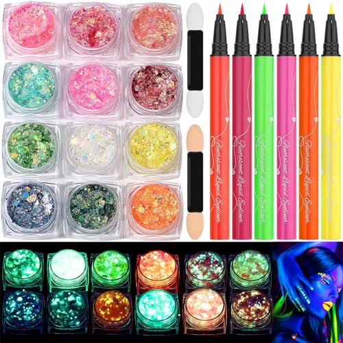 Glow in The Dark Glitter Gel with UV Neon Liquid Eyeliner Pen Set for Body Face Hair Eye, Makeup Kit for Rave Accessories ...