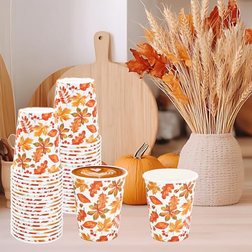 JarThenaAMCS 100Pcs Fall Paper Cups 9 oz Maple Leaves Disposable Coffee Cups for Autumn Thanksgiving Harvest Cold Hot Beve...