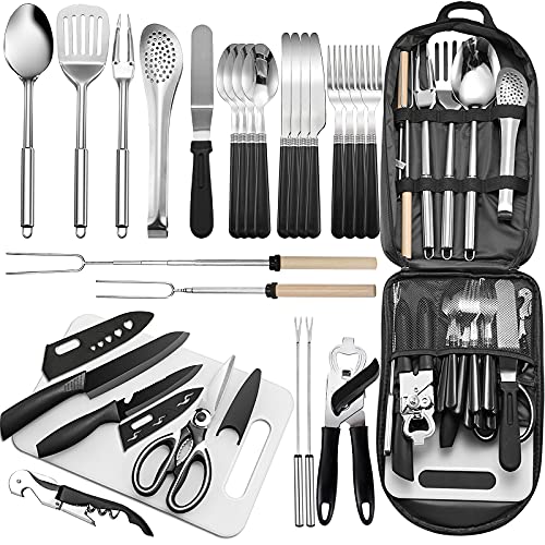 Portable Camping Kitchen Utensil Set-27 Piece Cookware Kit, Stainless Steel Outdoor Cooking and Grilling Utensil Organizer...