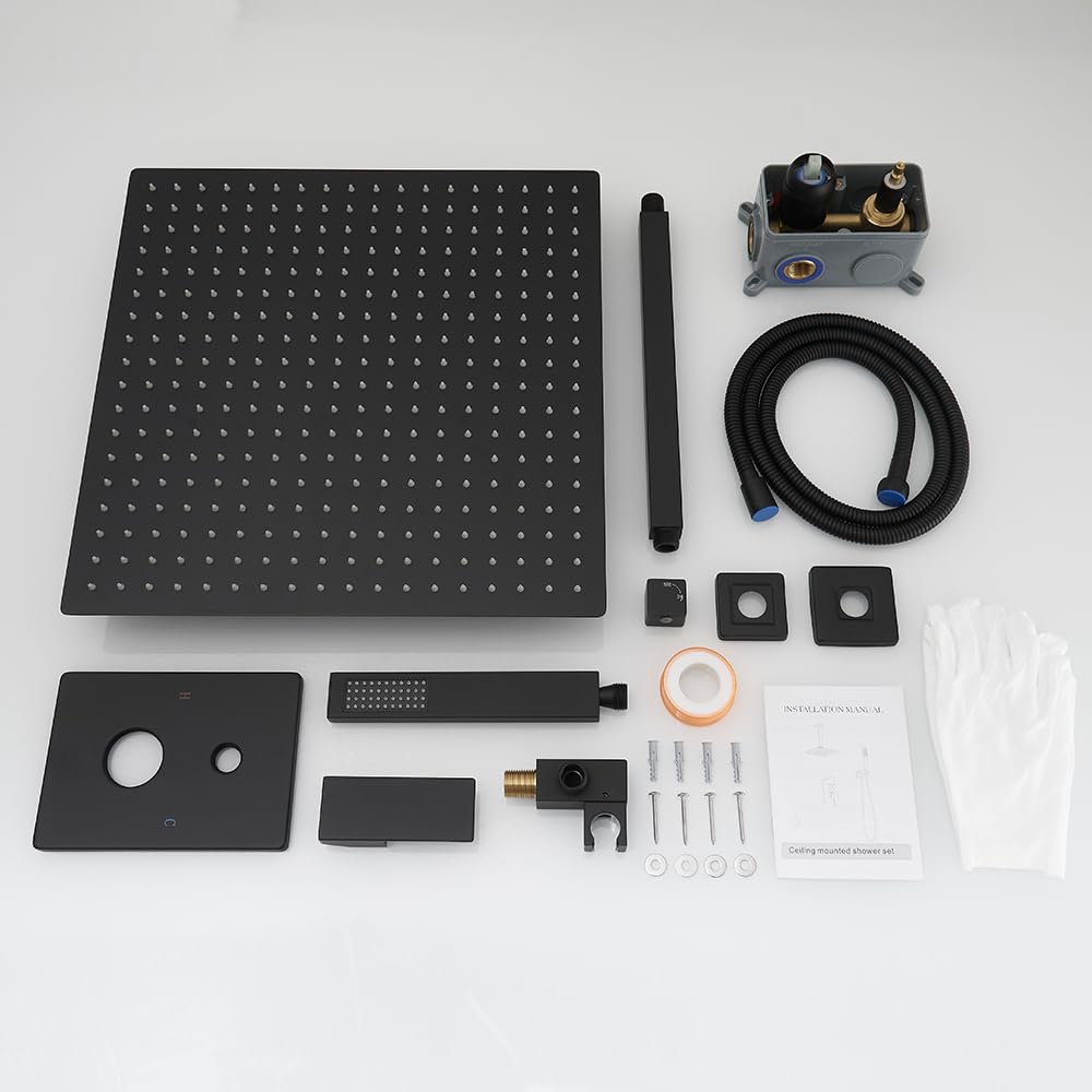 YCAIKOI 12 Inch Matte Black Ceiling Mount Shower System Bathroom Luxury Rain Mixer Shower Combo Set Ceiling Rainfall Shower Head System Faucet Contain Rough-in Valve and Trim Included