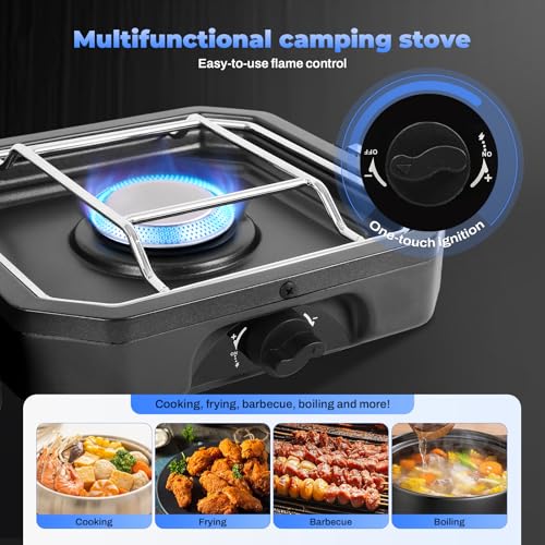 Adjustable 2 Burner Portable Camping Stove Propane (16000 BTU) with Camping Grill and Carrying Bag, Folding Propane Stove,...
