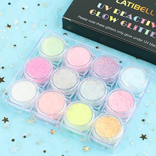 LATIBELL Body Face Glitter Gel, UV Black Light Reactive Glow Makeup, 12 Colors Fine UV Body Glitter for Women for Festival...