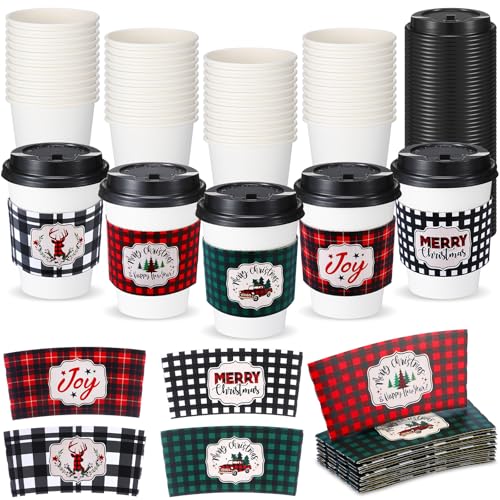 Yungyan 50 Pack 12 oz Christmas Disposable Coffee Cups with Lids and Sleeves Paper Hot Chocolate Cups Cocoa Bar Supplies f...