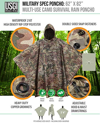 USGI Industries Military Style Poncho Multi Use Rip Stop Camouflage Rain Poncho