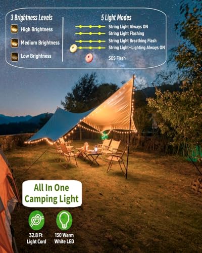 Solar Camping String Lights, 32.8 FT Fairy String Light, 4 in 1 Portable Waterproof Camp Lamp with 8 Lighting Modes, Hangi...