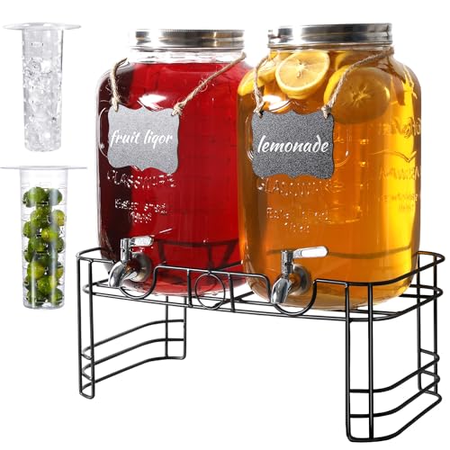2 Gallon Drink Dispensers for Parties, 2 Pack Beverage Dispensers with Stand, Glass Water Jug Dispenser, with 18/8 Stainle...