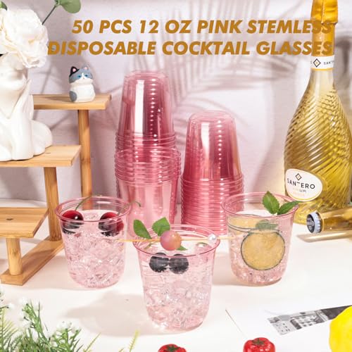 KesaPlan 50 Pcs Pink Plastic Cups, 12oz Disposable Stemless Wine Glasses for Cocktail Cute Clear Cocktail Wine Glasses Pin...