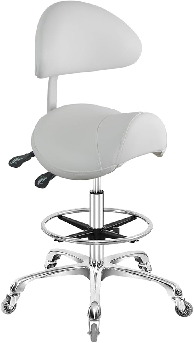 Nazalus Saddle Stool Chair with Back Support Footrest, Heavy-Duty(350LBS), Hydraulic Rolling Swivel Adjustable Stool Chair for Salon Spa Beauty Massage Dental Clinic Home Office Use(White)
