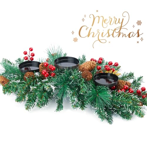Brightown 20.5“ Iron Christmas Candle Holder, Pine Needles, Red Berries, Gold Balls and Golden Branches Tabletop Decoratio...