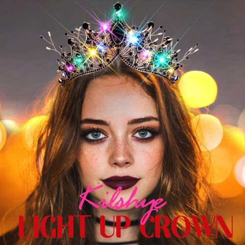 Kilshye Light Up Black Rhinestone Crown LED Gothic Tiara Headband Festival Costume Hair Accessoris for Women