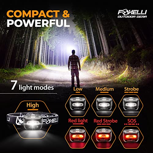 Foxelli LED Headlamp Flashlight for Adults & Kids, Running, Camping, Hiking Head Lamp with White & Red Light, Comfortable ...