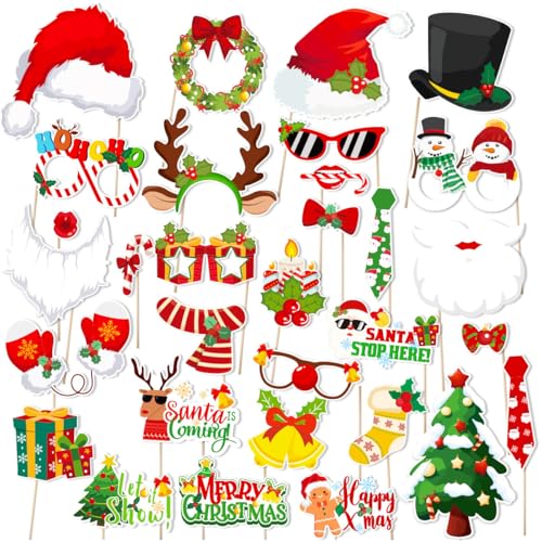 Christmas Photo Booth Props Kit, 31 Pcs Xmas Red Green Snowman Santa Bells Hat Snow Tree for Photoshoot Picture Fun Party ...