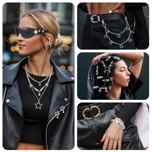 IHFAIO Y2k Accessories, 17 Pcs Y2K Set, Y2K Sunglasses, Star Necklace, Earrings, Pant Chain, Hair Clips, Bracelet, Y2K Acc...