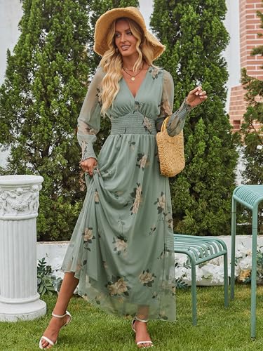 ANRABESS Women's Floral Maxi Dress 2025 Fall V Neck Puff Long Sleeve Flowy Casual Wedding Guest Tea Party Tulle Dresses