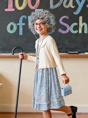 AOTHSO 8 Pcs Girls 100 Days of School Old Lady Dress Cardigan Costume with Wig Glasses Cane for Kids Granny Grandma Cosplay