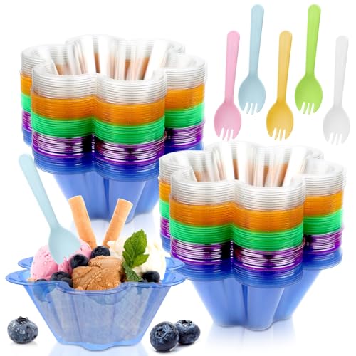 Vmiapxo 100 sets 8 oz Disposable Ice Cream Bowls and Spoons, Flower Shape Plastic Sundae Cups, Ice Cream Bar Supplies, Col...
