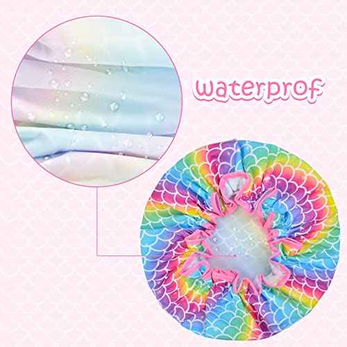 Olypegic Kids Shower Cap, 3 Pcs Girls Shower Cap for Kids Reusable Waterproof Adjustable Large Hair Cap Unicorn Mermaid Rainbow Cute Hair Cover Hat
